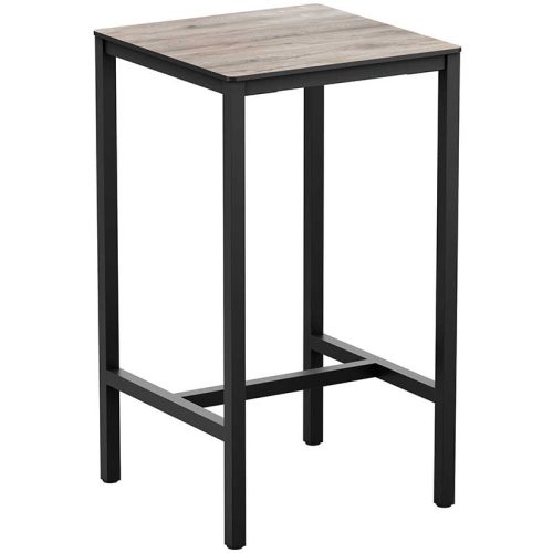 Tall square bar table with wooden top and black legs