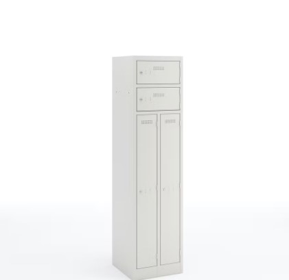 White two-person storage locker with two hanging spaces and two secure shelves