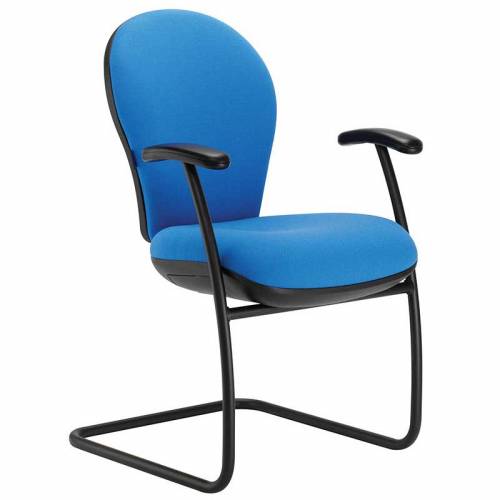 Blue meeting chair with fixed arms and black cantilever base