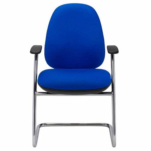 Blue meeting chair with fixed arms and chrome cantilever base
