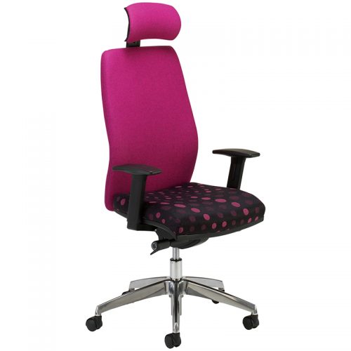 Pink desk chair with patterned seat, headrest and swivel base