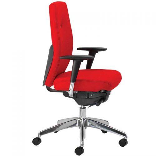 Desk chair with red seat and high back, black arms and chrome base