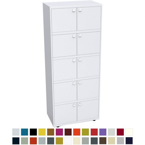 Tall white storage unit with 10 doors