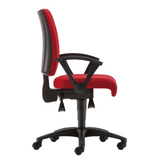 Red padded office chair with black base and arms