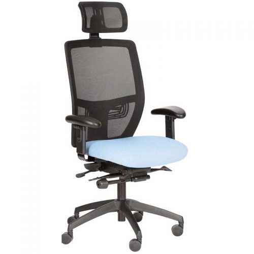 Desk chair with pale blue seat, black mesh back and headrest, and black base