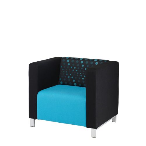 Blue armchair with patterned back and black sides