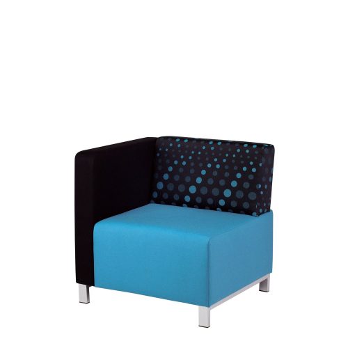 Corner module of sofa with blue seat and patterned back