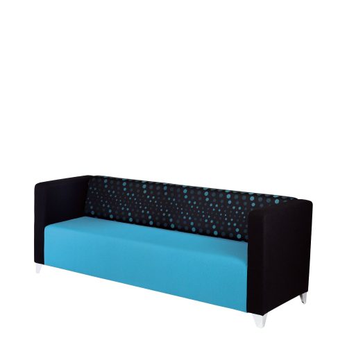 Sofa with blue seat, patterned back and black sides