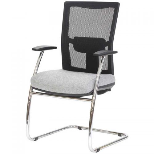 Meeting chair with grey seat, black mesh back, black arms and chrome base