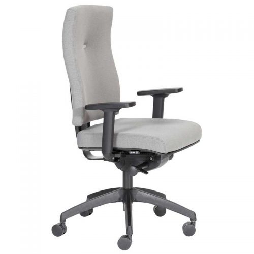 Desk chair with grey seat and back, and black arms and base