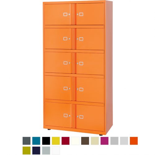Orange filing storage unit with 10 doors