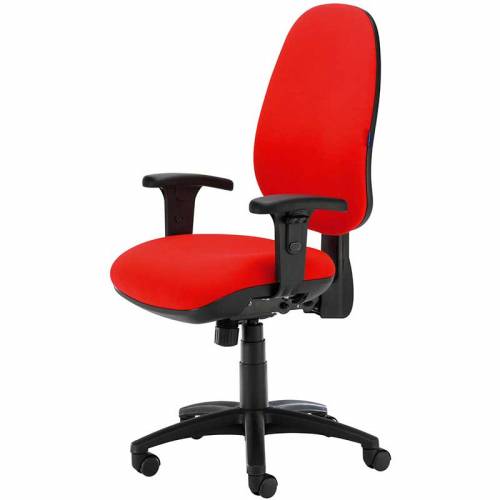 Red desk chair with black arms and swivel base