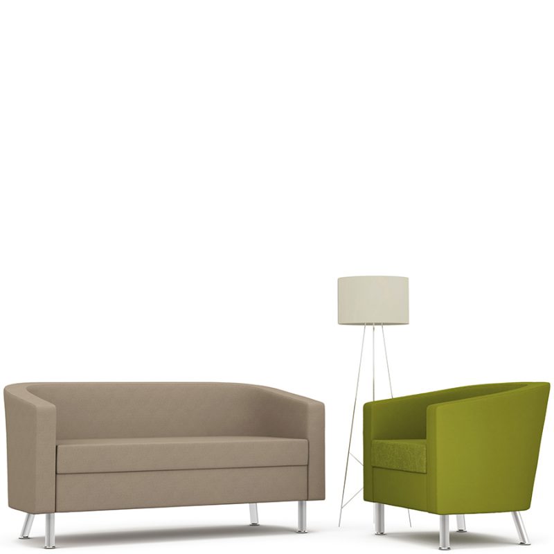 Brown three seater sofa and lime green armchair
