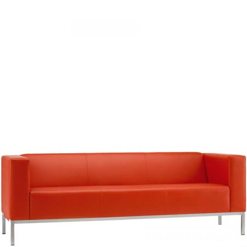 Bright red three seater sofa in a leather finish