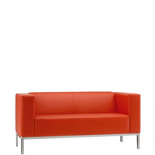 Bright red two seater sofa in a leather finish
