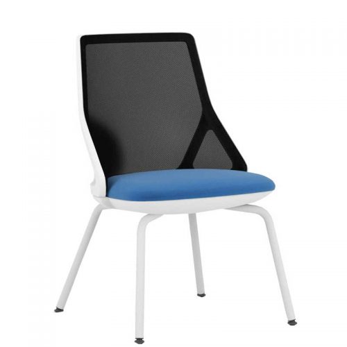 Chair with white legs, blue seat and black mesh back