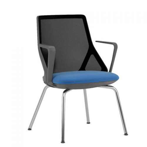 Meeting chair with blue seat, black mesh back and chrome legs
