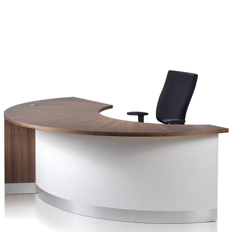 Crecent shaped reception desk and black chair