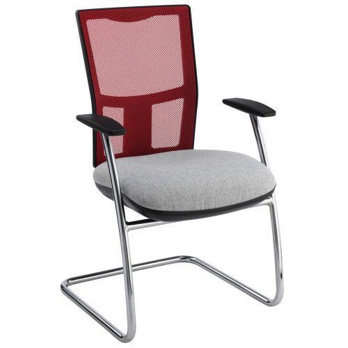 Office chair with grey seat, red mesh back, black arms and cantilever base