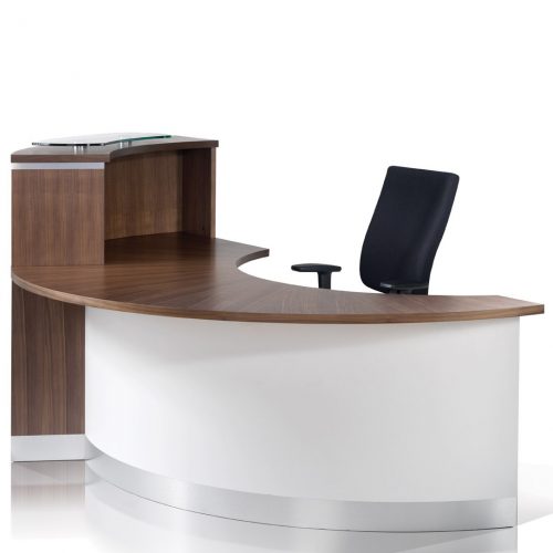 Reception desk in dark brown and white, with a black desk chair behind it