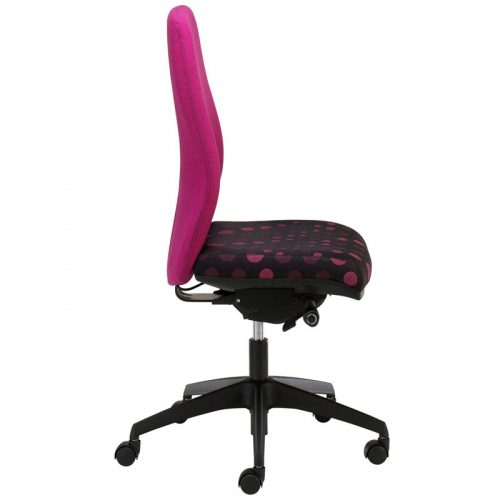 Desk chair with bright pink back and pink and black patterned seat