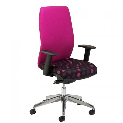 Wheeled desk chair with bright pink back and pink and black patterend seat