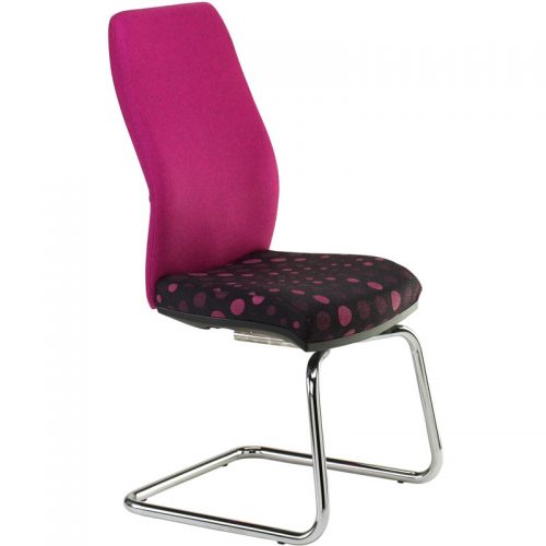 Meeting chair with bright pink back and pink and black patterned seat
