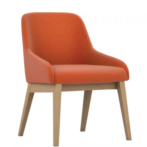 Orange padded chair with wooden legs