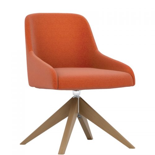 Orange padded swivel chair with wooden base
