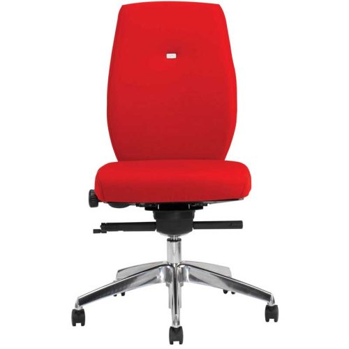 Desk chair with red seat and back, and chrome base