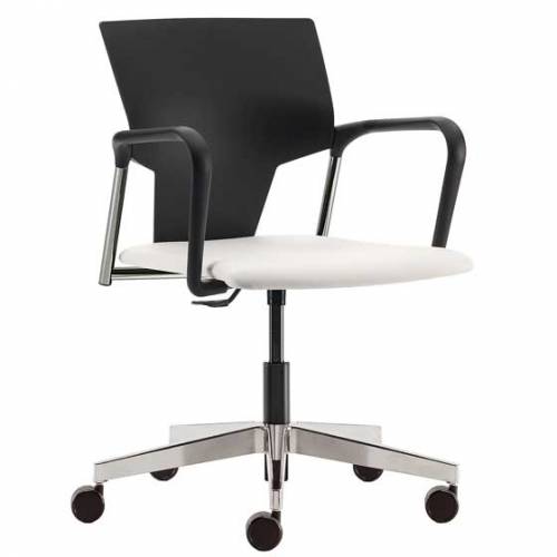 Wheeled chair with white seat and black back