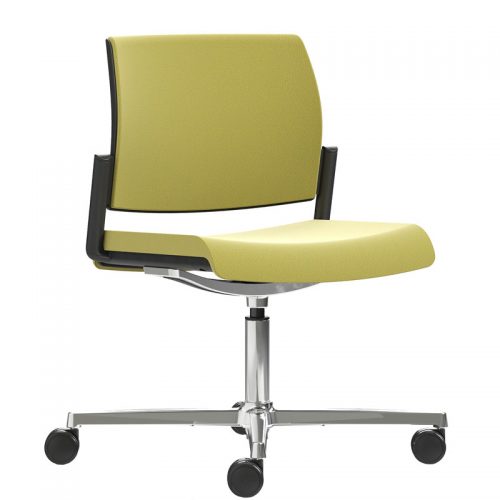 Swivel chair with pale green seat and back, and chrome base