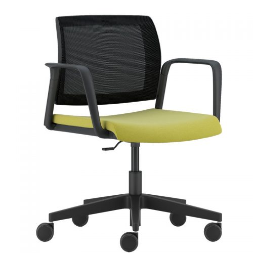 Swivel chair with pale green seat, black mesh back and black arms