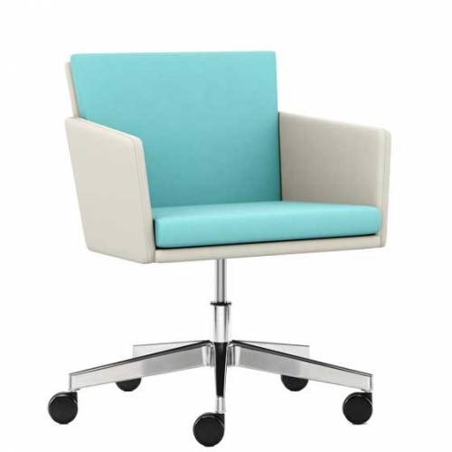 Turquoise and cream office chair with chrome base and black castors
