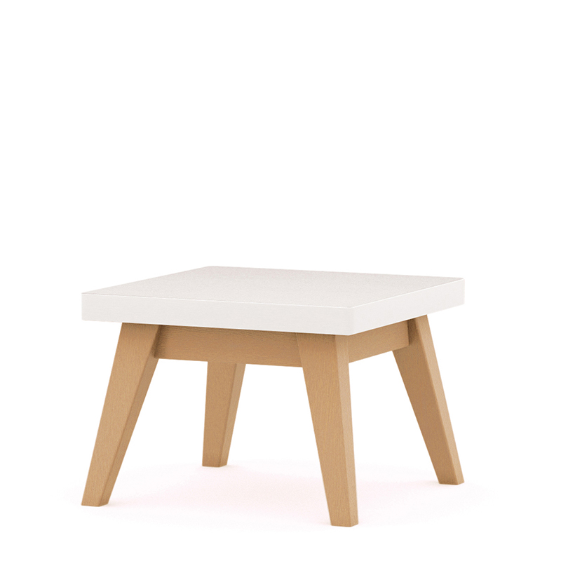 Square table with white top and wooden legs