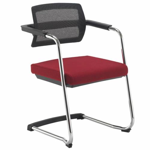 Office chair with red seat, black mesh back and chrome base