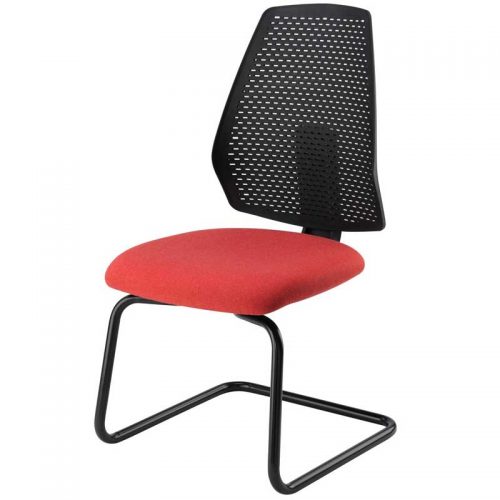 Meeting chair with red seat, black mesh back and black base