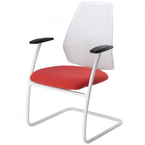 Meeting chair with red seat, white back, black arms and white base