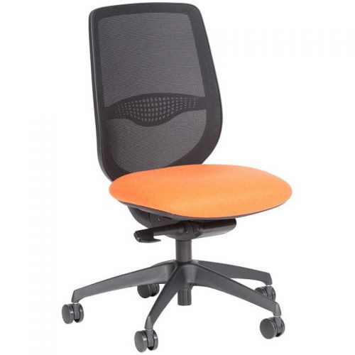 Desk chair with orange seat, black mesh back and black base