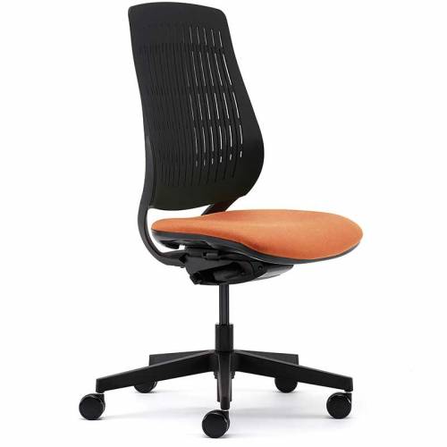 Swivel chair with orange seat, black back and black base