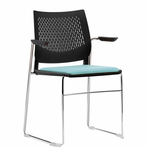 Stacking chair with blue seat, black mesh back and chrome legs