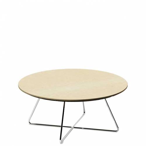 Round coffee table with wooden top and chrome legs
