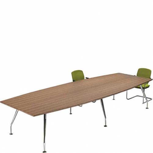 Two green chairs around a large boardroom table