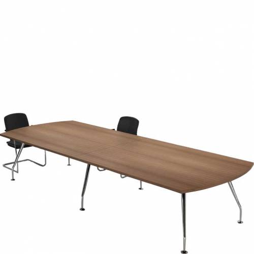 Two black chairs around a large wooden boardroom table